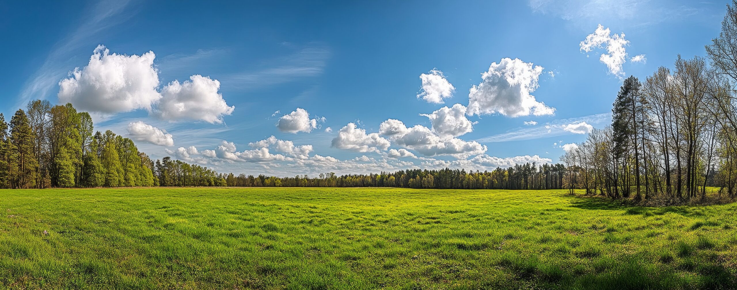 Weite grüne Wiese unter blauem Himmel mit verstreuten weißen Wolken und einer dichten Baumreihe am Horizont – eine ruhige Frühlings- oder Sommerlandschaft.