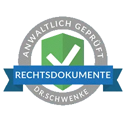 Rechtssiegel mit grünem Schild, weißem Häkchen und der Aufschrift „Anwaltlich geprüft – Rechtsdokumente – Dr. Schwenke“
